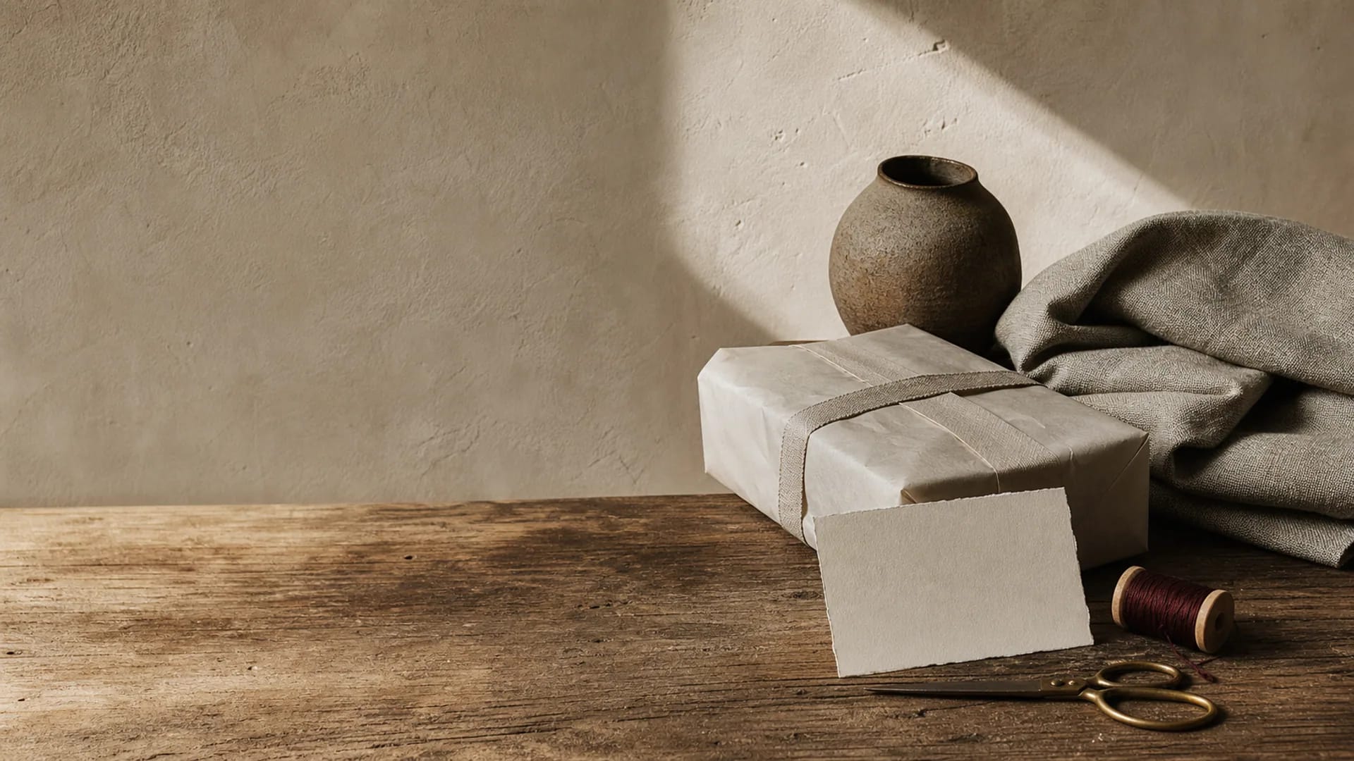 A carefully wrapped parcel, natural textile, and handwritten card on an artisan worktable