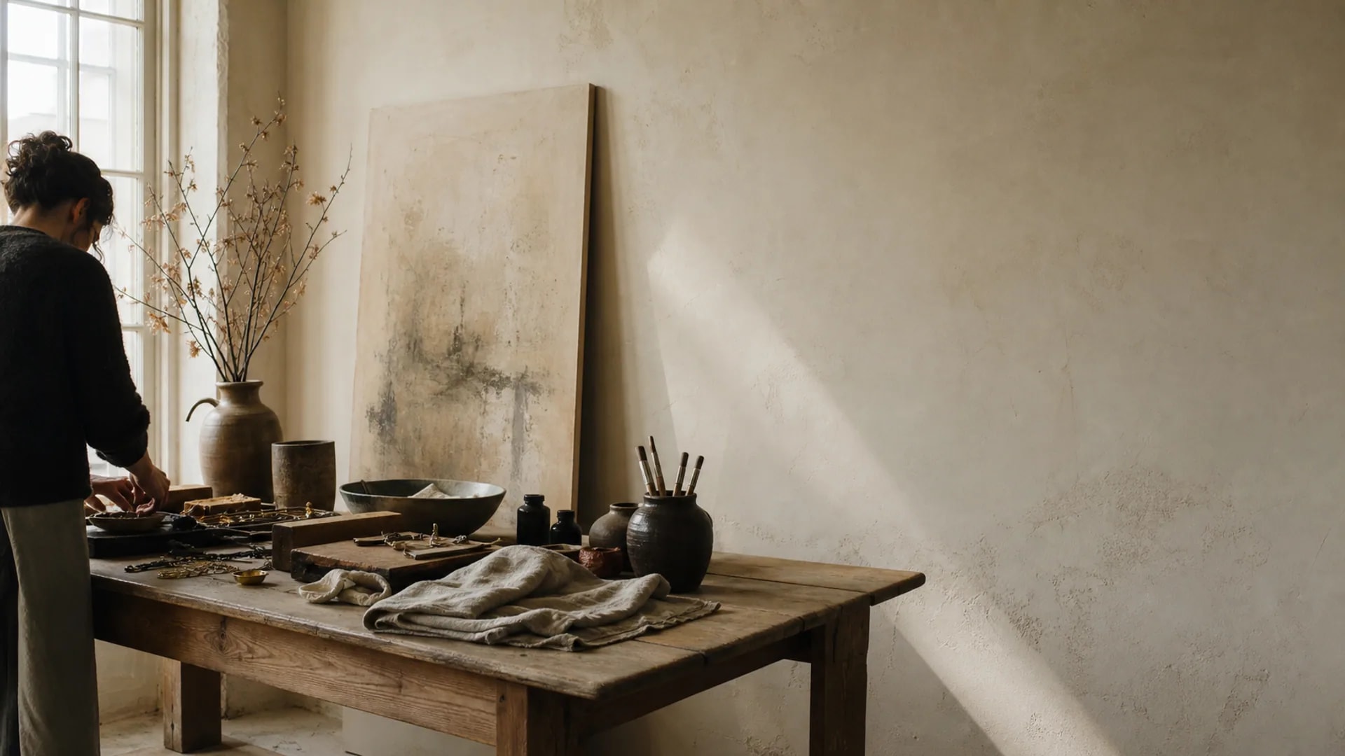 An artisan working at an aged oak table in a quiet, light-filled studio