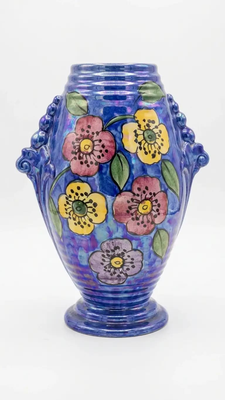 Kensington Ware Hand-painted Vintage Iridescent Cobalt Blue Floral Pottery Urn-shaped Vase - Decorative Statement Piece