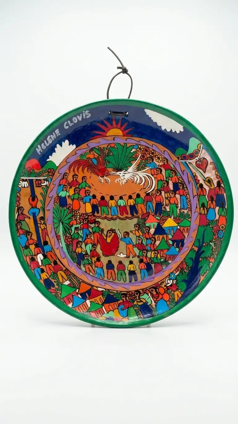 Vibrant Hand-Painted Vintage Terra Cotta 11" Plate by Haitian Folk Artist H?l?ne Clovis