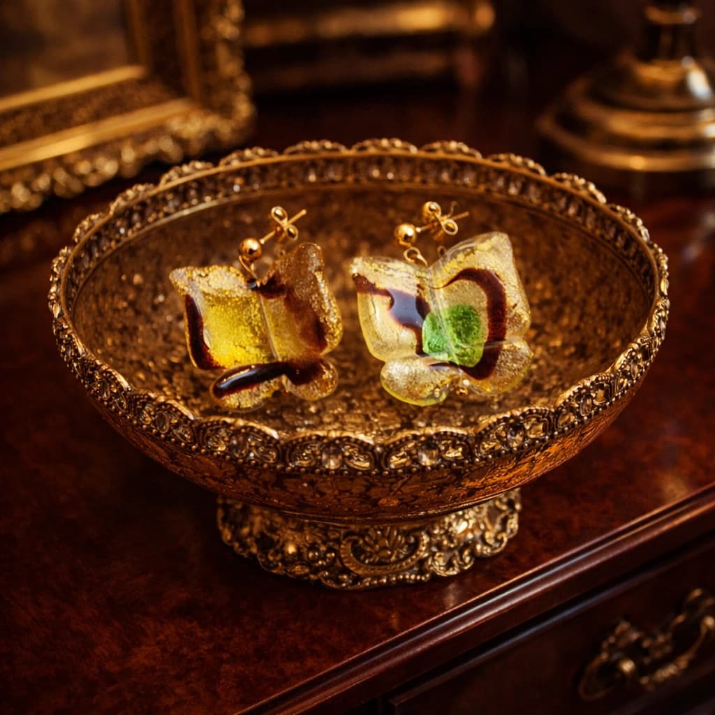 "Golden Butterflies" - Yellow & Green Goldfoil Murano Glass Butterfly Earrings