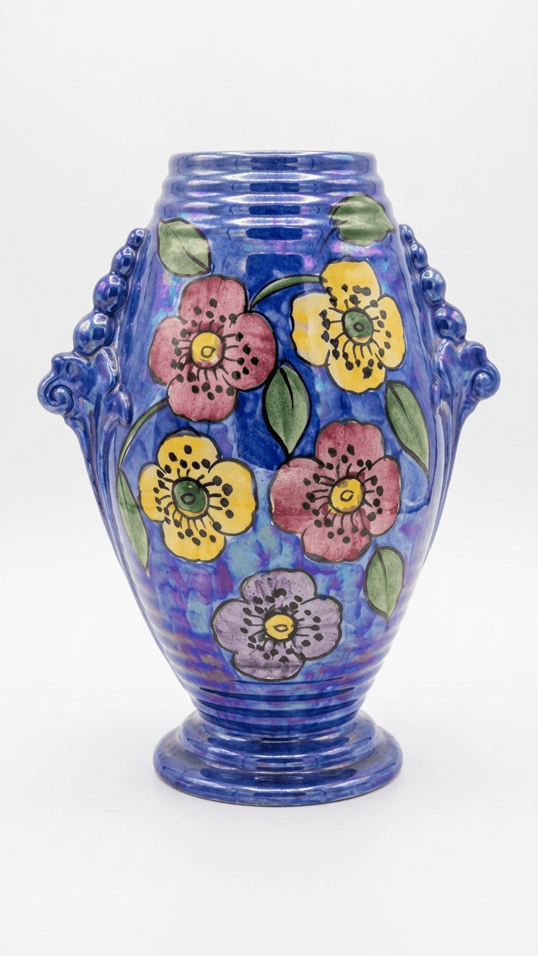 Kensington Ware Hand-painted Vintage Iridescent Cobalt Blue Floral Pottery Urn-shaped Vase - Decorative Statement Piece