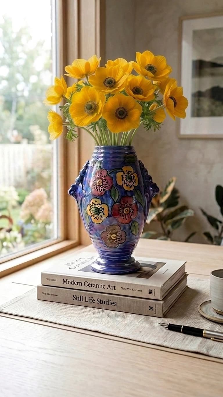 Kensington Ware Hand-painted Vintage Iridescent Cobalt Blue Floral Pottery Urn-shaped Vase - Decorative Statement Piece