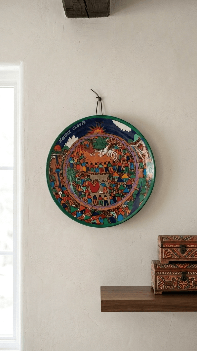 Vibrant Hand-Painted Vintage Terra Cotta 11" Plate by Haitian Folk Artist Hélène Clovis