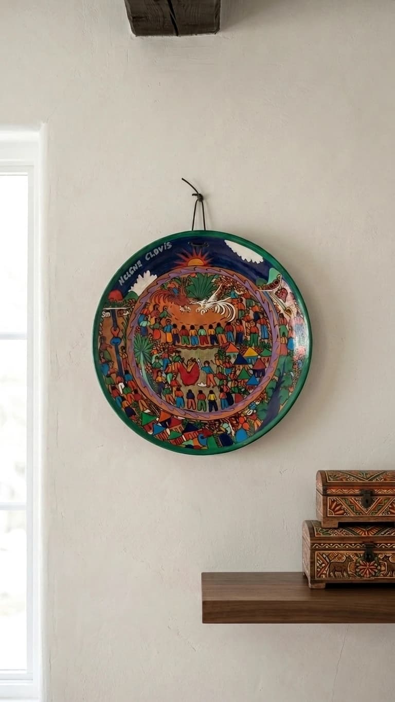 Vibrant Hand-Painted Vintage Terra Cotta 11" Plate by Haitian Folk Artist Hélène Clovis