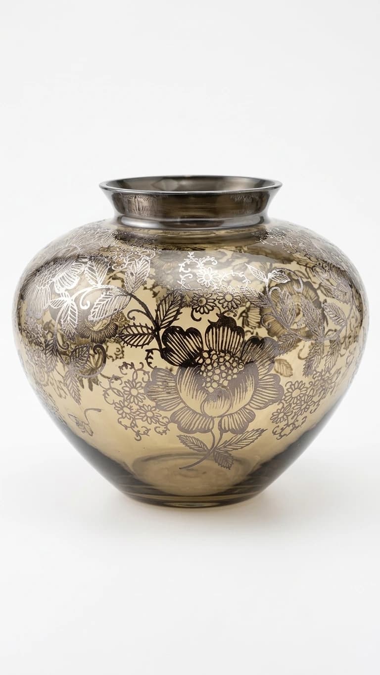 "Midnight Garden" - Vintage Smoked Gray Glass Bulbous Vase with Intricate Silver Floral Overlay