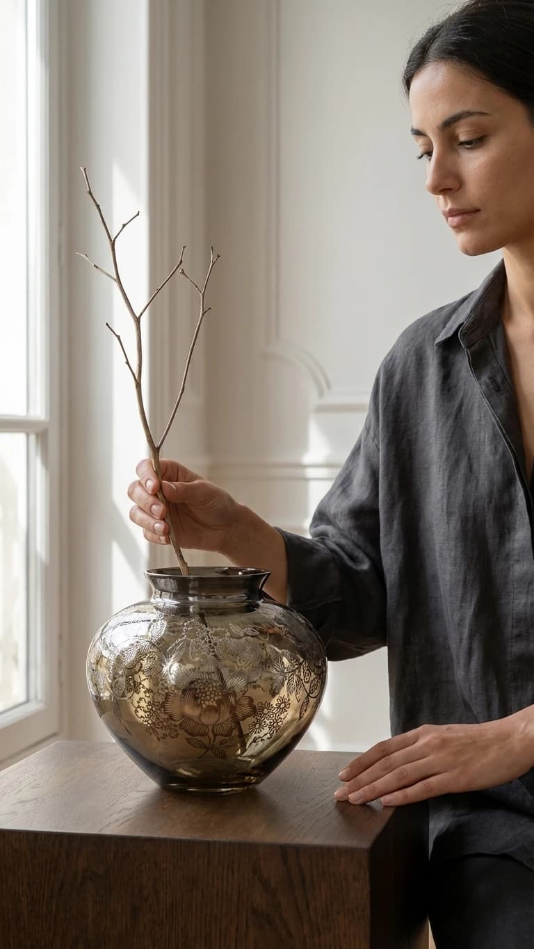 "Midnight Garden" - Vintage Smoked Gray Glass Bulbous Vase with Intricate Silver Floral Overlay