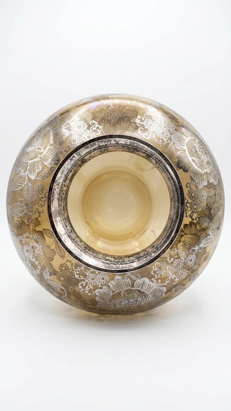 "Midnight Garden" - Vintage Smoked Gray Glass Bulbous Vase with Intricate Silver Floral Overlay