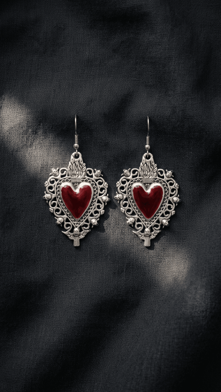 "Sacred Heart 3" - Mexican-style Red Enamel Filigree Earrings