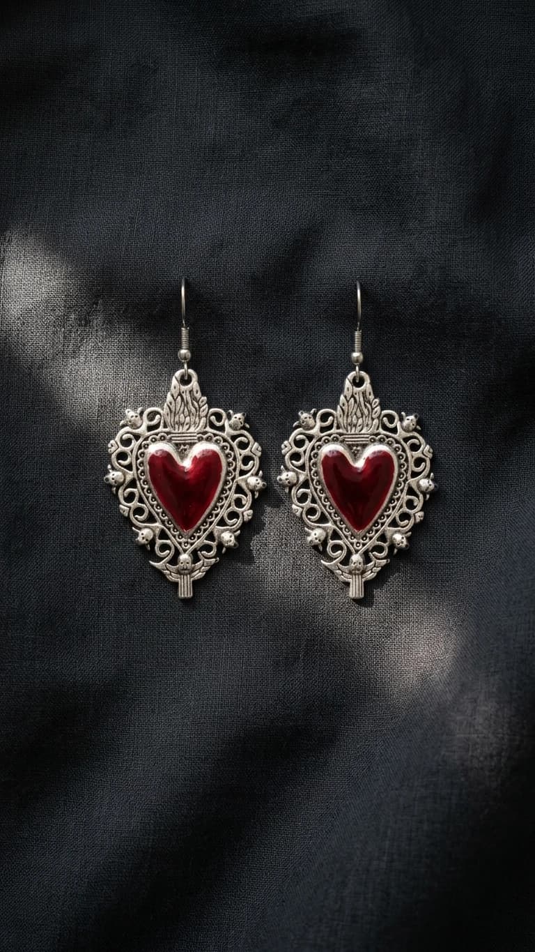 "Sacred Heart 3" - Mexican-style Red Enamel Filigree Earrings