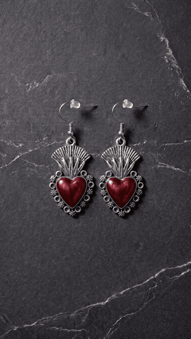 "Sacred Heart 1" - Mexican-style Filigree Religious Heart Earrings