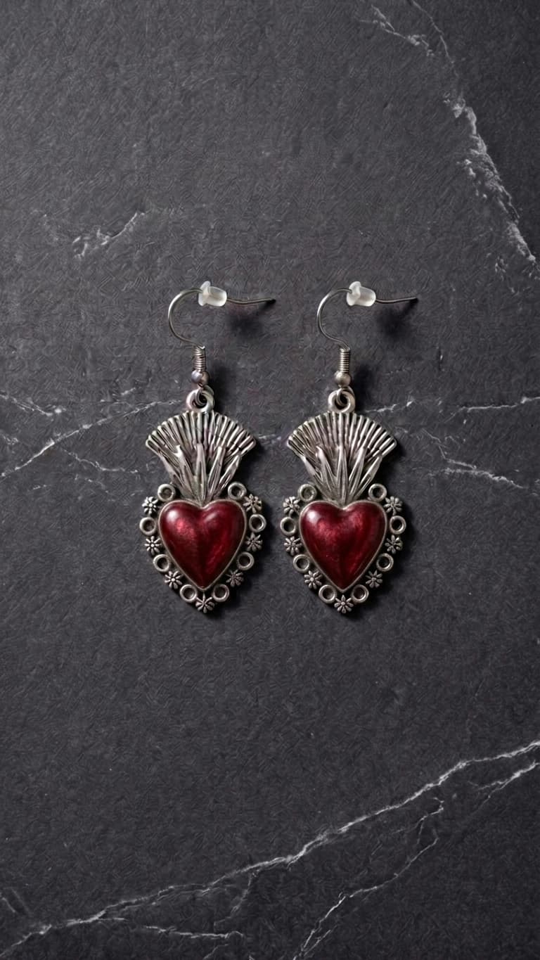 "Sacred Heart 1" - Mexican-style Filigree Religious Heart Earrings